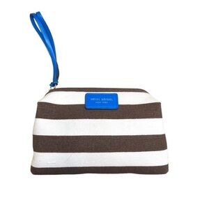 Henri Bendel Brown and White Striped Pouch with Blue Strap